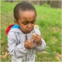 Boy blows dandelion