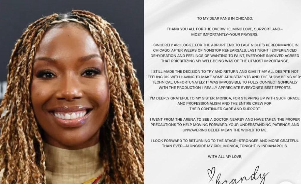 Brandy Issues Statement After Exiting Chicago Show Mid-Performance–Reveals She Suffered From Dehydration!